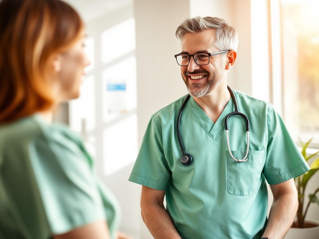 Clinician reviewing a peptide program with a client in a bright clinic